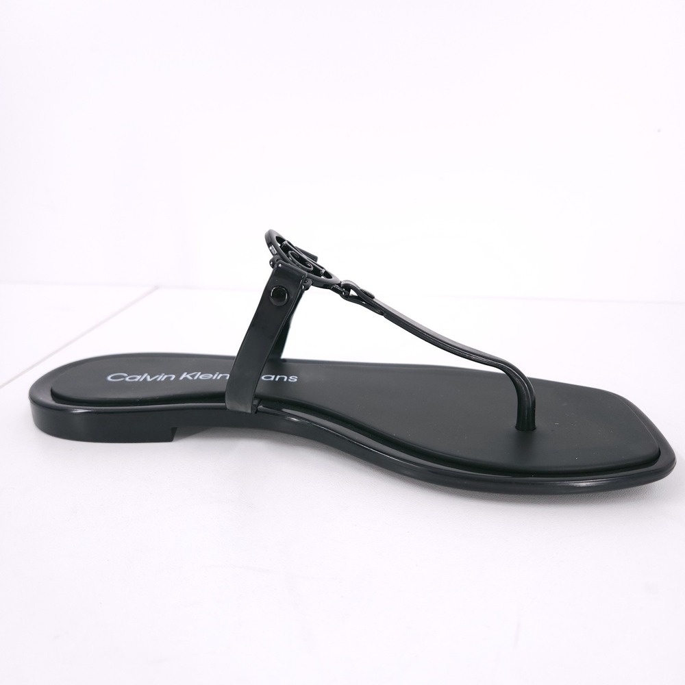 Calvin Klein Edhen Black Flat T Strap Thong Logo Sandals Womens Size 6 M - Picture 12 of 16
